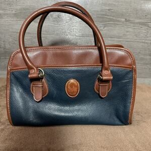 Vintage Carriage House Leather Purse Handbag Tan & Navy Many Pockets